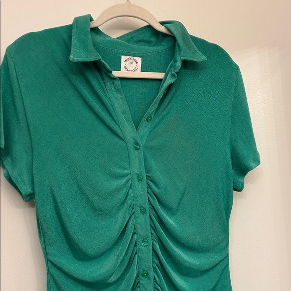 With Jean Green Button-Up Ruched Mini Dress - Picture 3 of 4